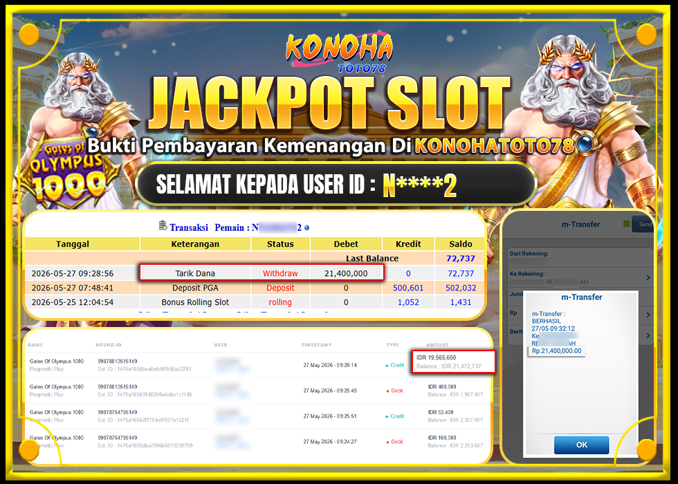 KONOHATOTO78 JACKPOT GATES OF OLYMPUS 1000Rp.21.400.000LUNAS